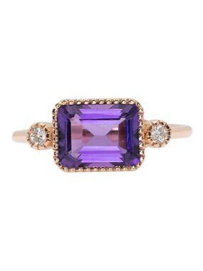 2.43Ct East-West Emerald Cut Zambian Amethyst & Diamond Ring in 14K Rose Gold